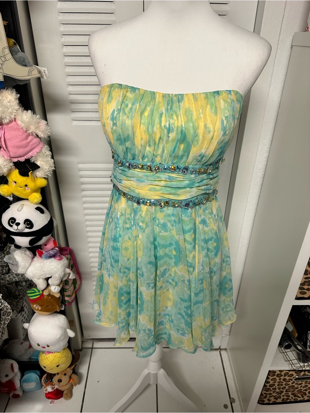 Morgan & Co. Yellow and Aqua Strapless Watercolor Dress
